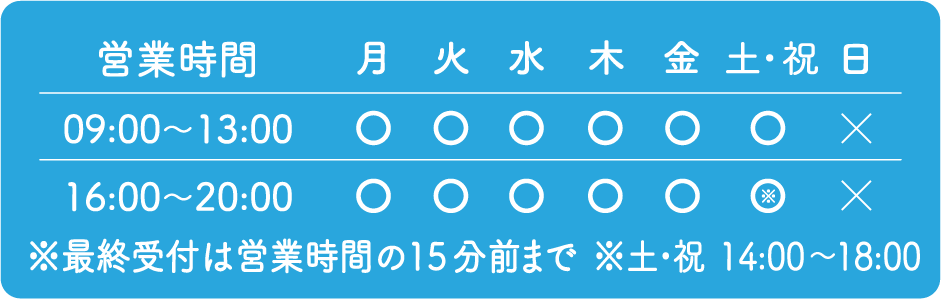 営業時間9時~13時、16時~20時
日曜日休み、その他曜日は営業。土曜・祝日は午後は14時~18時。最終受付は営業時間の15分前まで